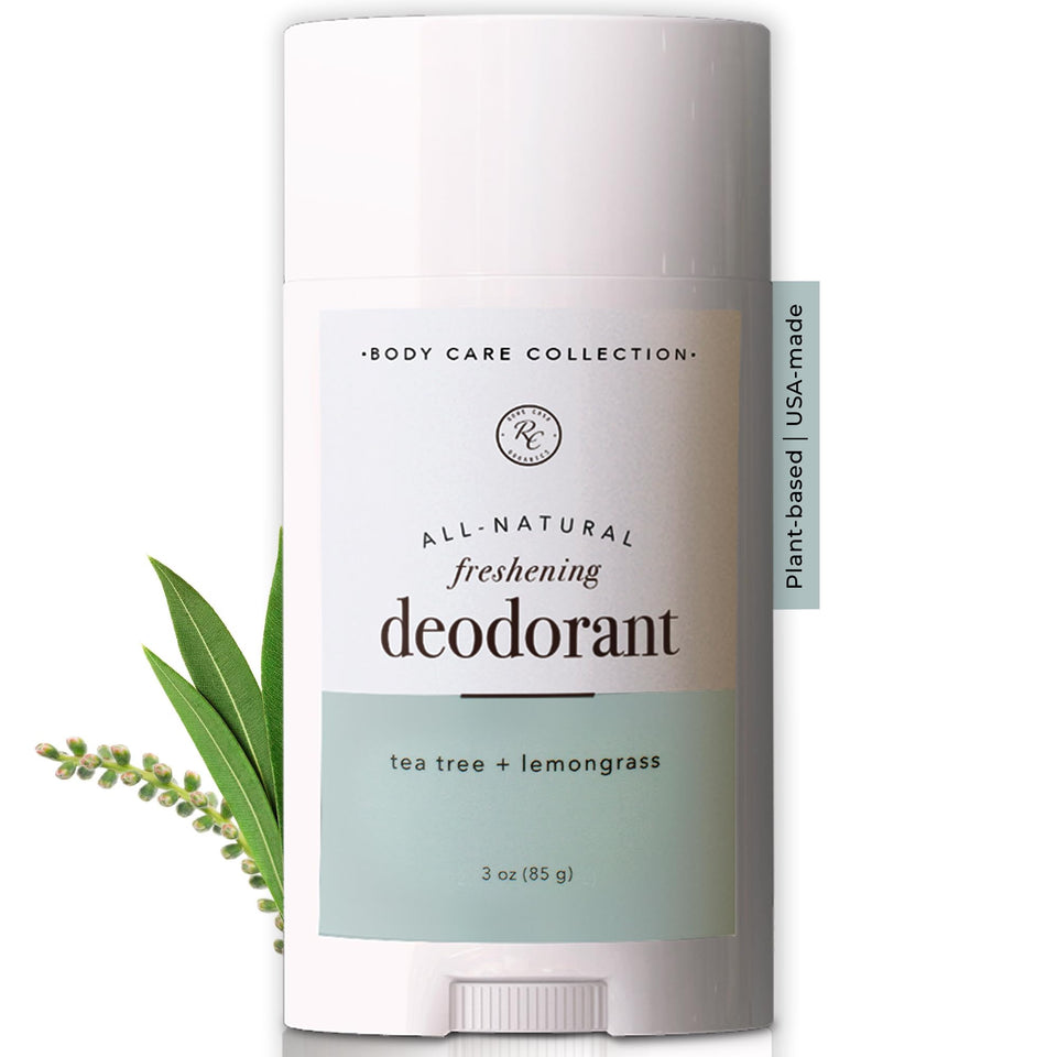 Rowe Casa Organics Tea Tree + Lemongrass deodorant bottle showing a fresh, citrusy aroma for daily freshness.