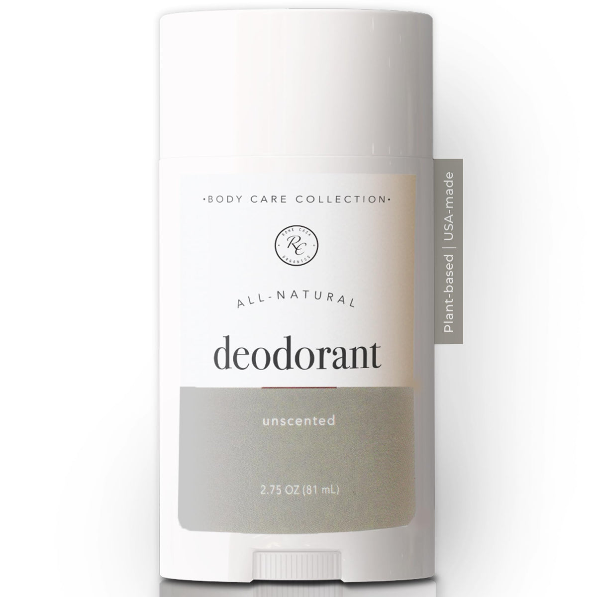 Rowe Casa Organics unscented deodorant bottle showing fragrance free odor protection for sensitive skin.