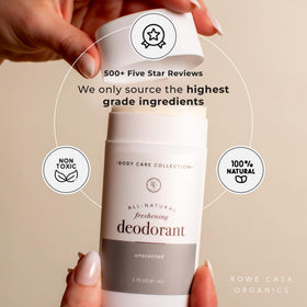 Rowe Casa Organics deodorant stick being applied for daily freshness.