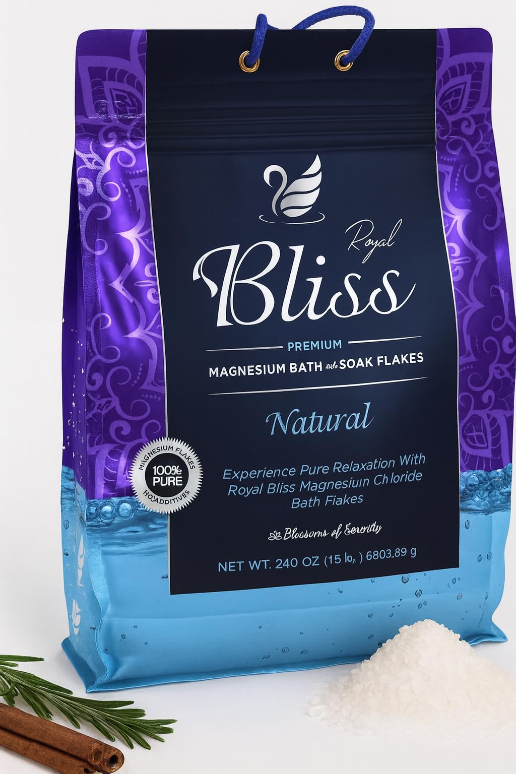 Royal Bliss magnesium bath flakes pour shows quick dissolution for a relaxing soak.
