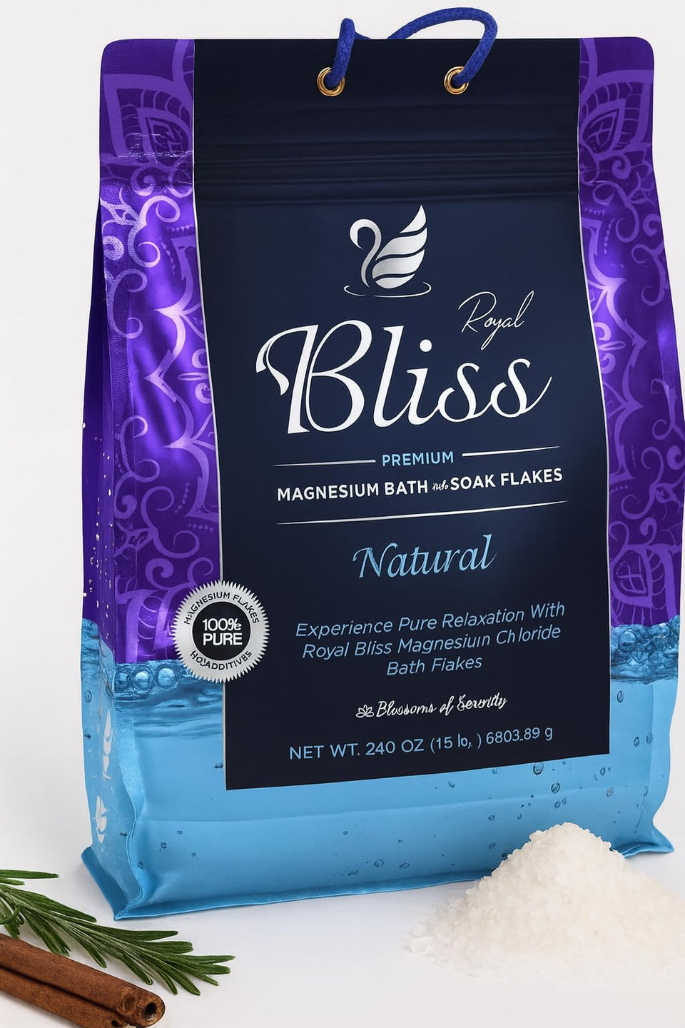 Royal Bliss magnesium bath flakes pour shows quick dissolution for a relaxing soak.