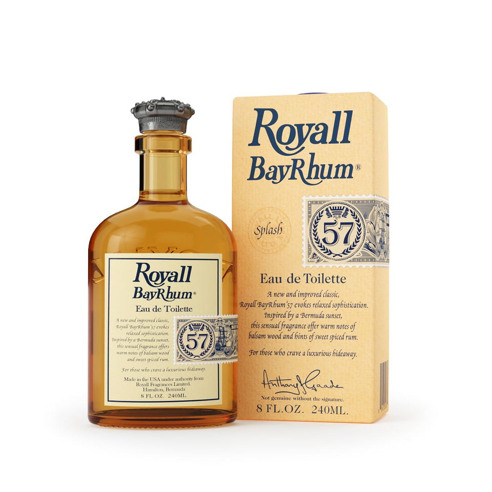 ROYALL LYME Bayrhum 57 bottle splash showing classic bay rum fragrance for everyday wear