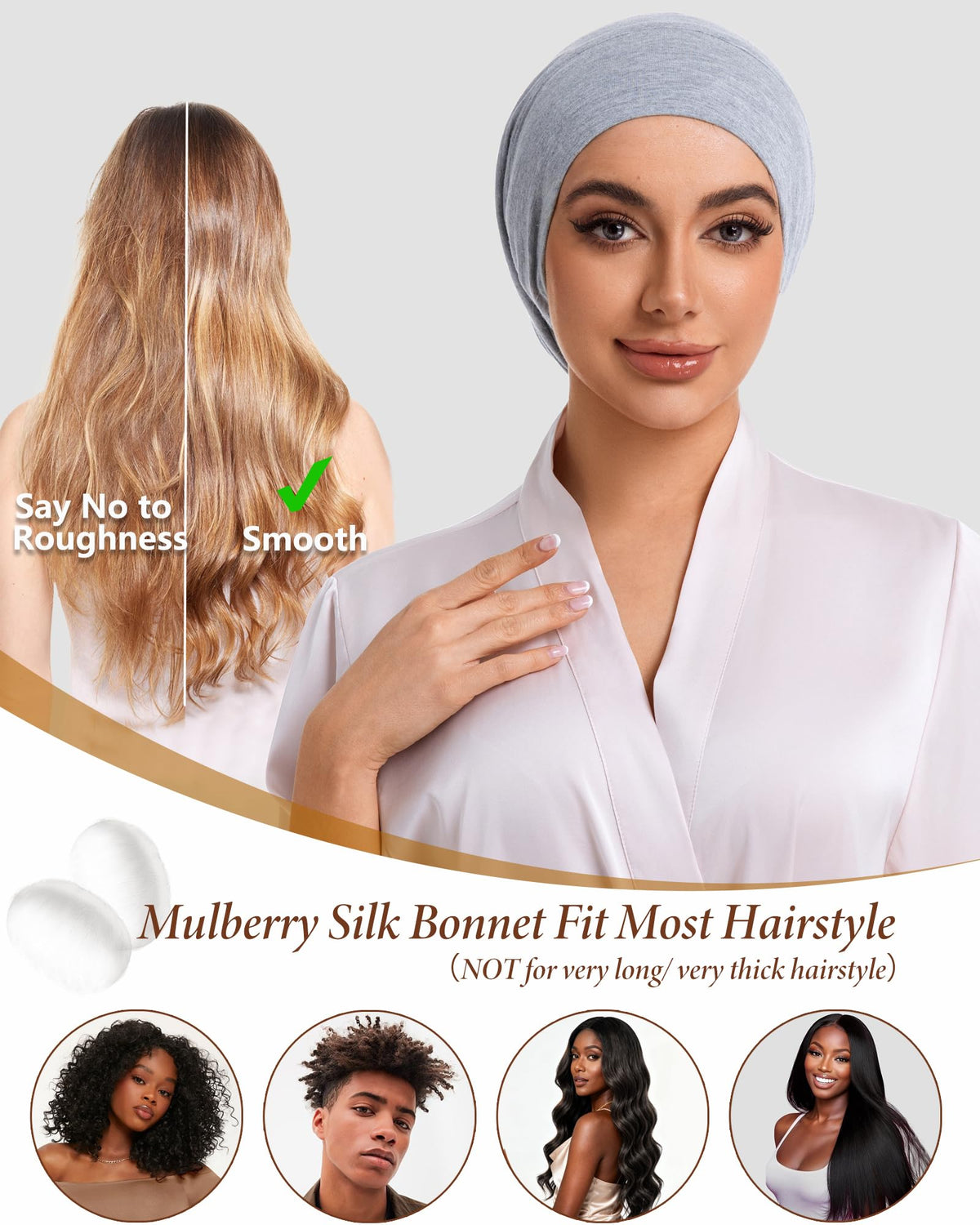 ROYBENS model wearing bonnet suitable for curly hair, braids, and long styles