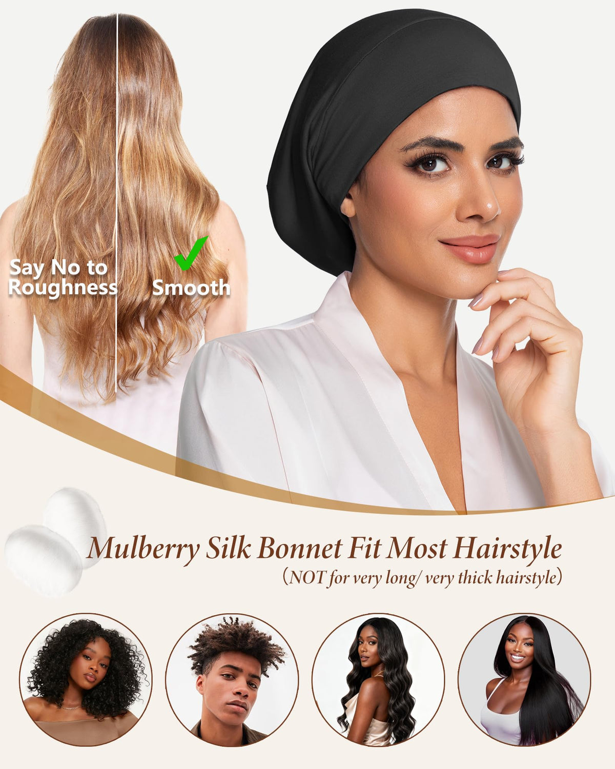 ROYBENS curly hair silk bonnet ideal for waves and defined curls overnight.