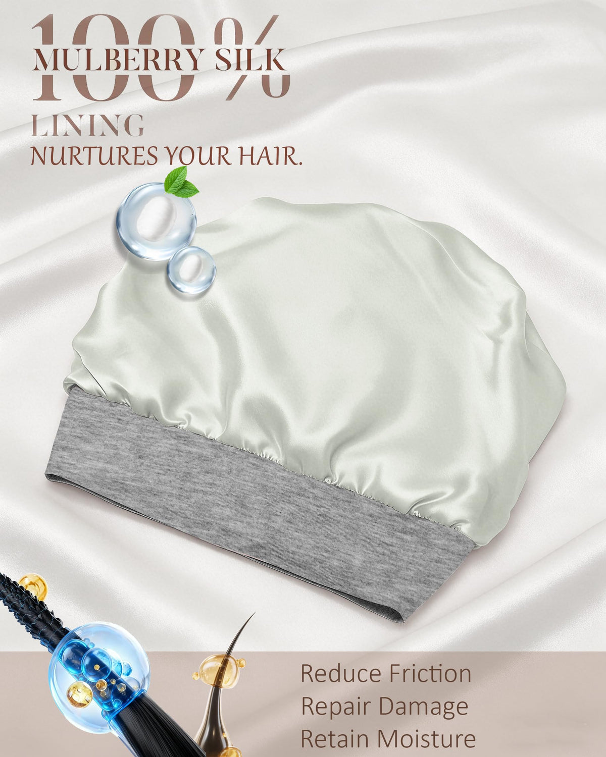 ROYBENS double-layer bonnet design highlighting breathable outer layer and silk inner lining for hair protection