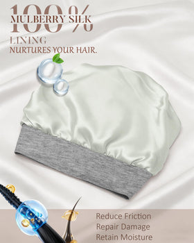 ROYBENS double-layer bonnet design highlighting breathable outer layer and silk inner lining for hair protection