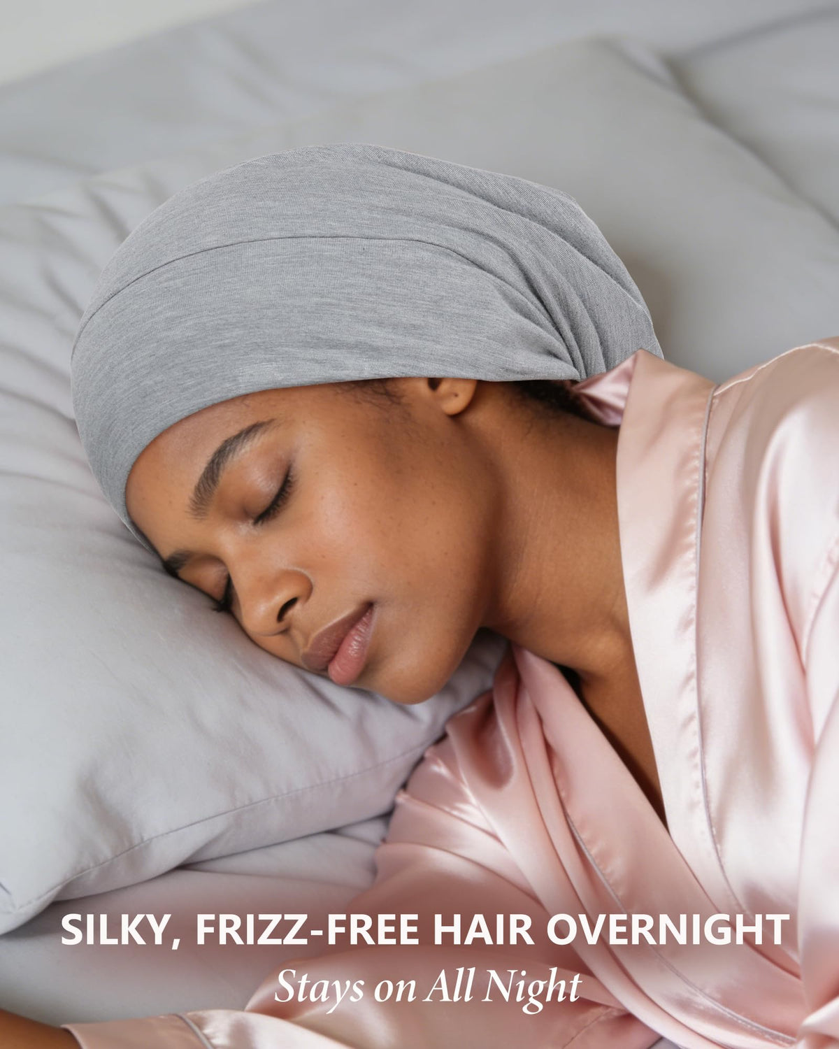 ROYBENS lightweight bonnet worn on head ideal for frizz control and curl preservation