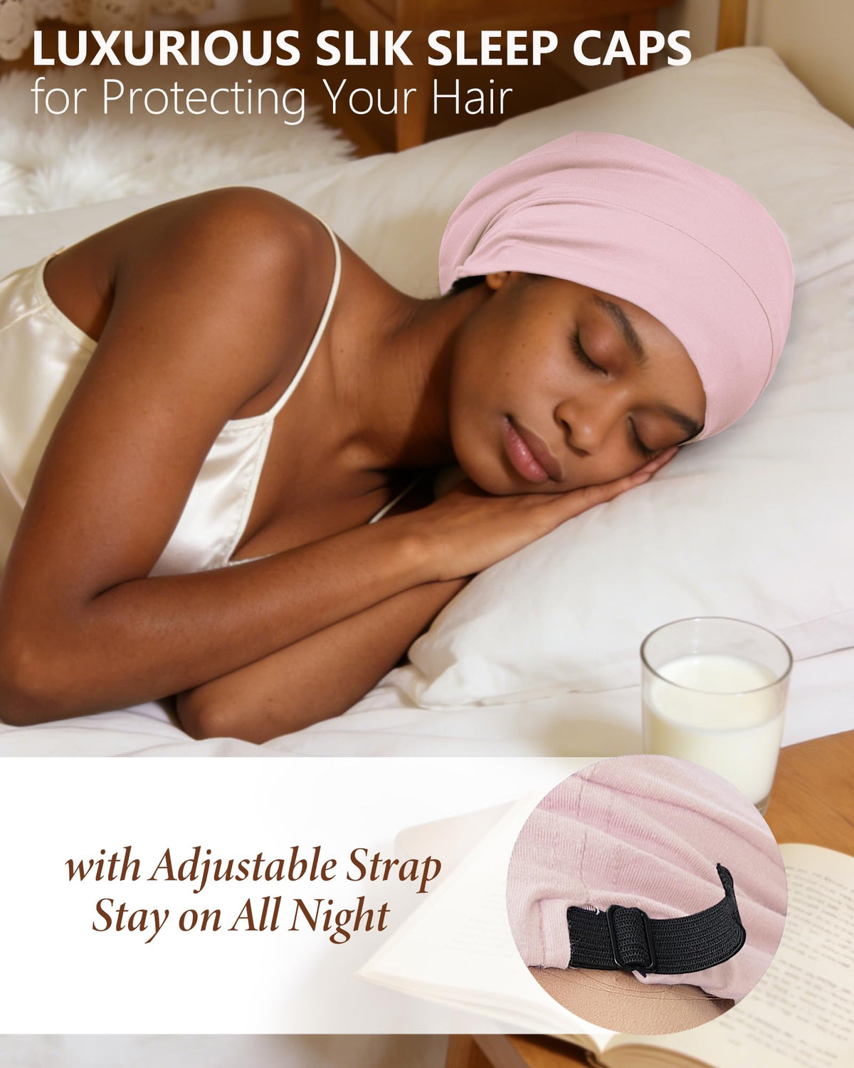 ROYBENS double-layer silk bonnet shows inner silk and breathable outer layer for comfort.