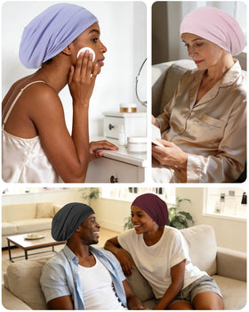ROYBENS silk bonnet shown on head for daily wear and protection.