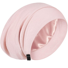 ROYBENS silk bonnet sleep cap on pillow protects curls overnight.