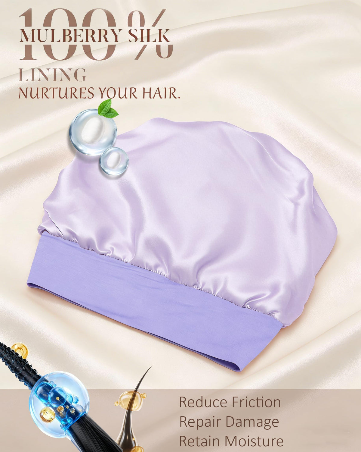ROYBENS silk-lined bonnet on head demonstrates secure overnight wear