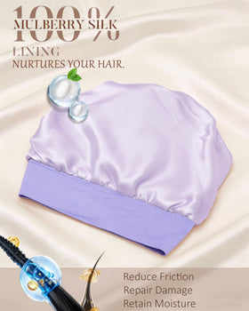 ROYBENS silk-lined bonnet on head demonstrates secure overnight wear
