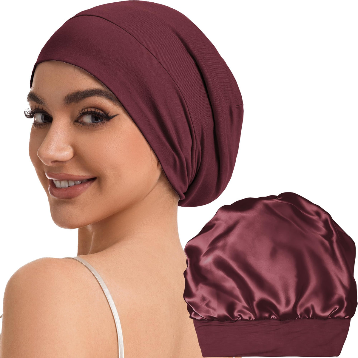 ROYBENS silk-lined bonnet sleeping cap protects curls overnight.