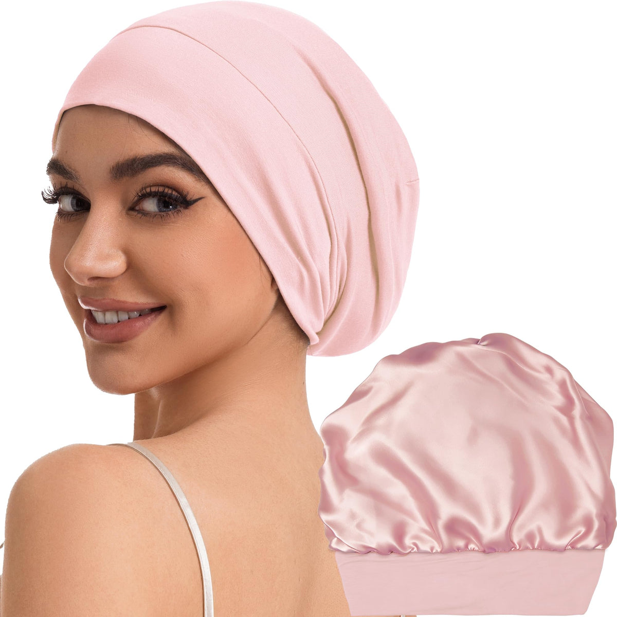 ROYBENS silk-lined sleep bonnet protecting hair while sleeping