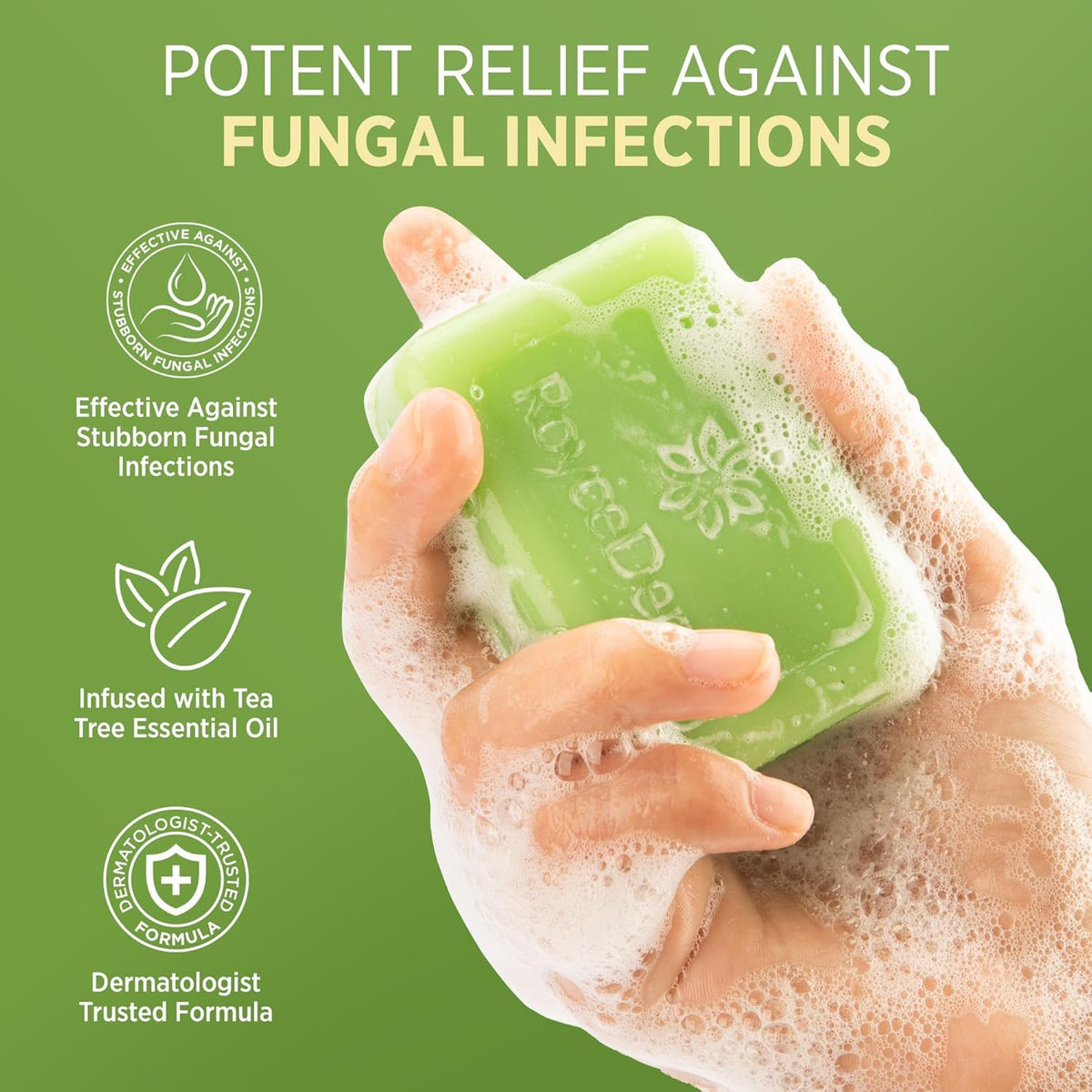 RoyceDerm bar close-up shows tea tree oil and medicated formula