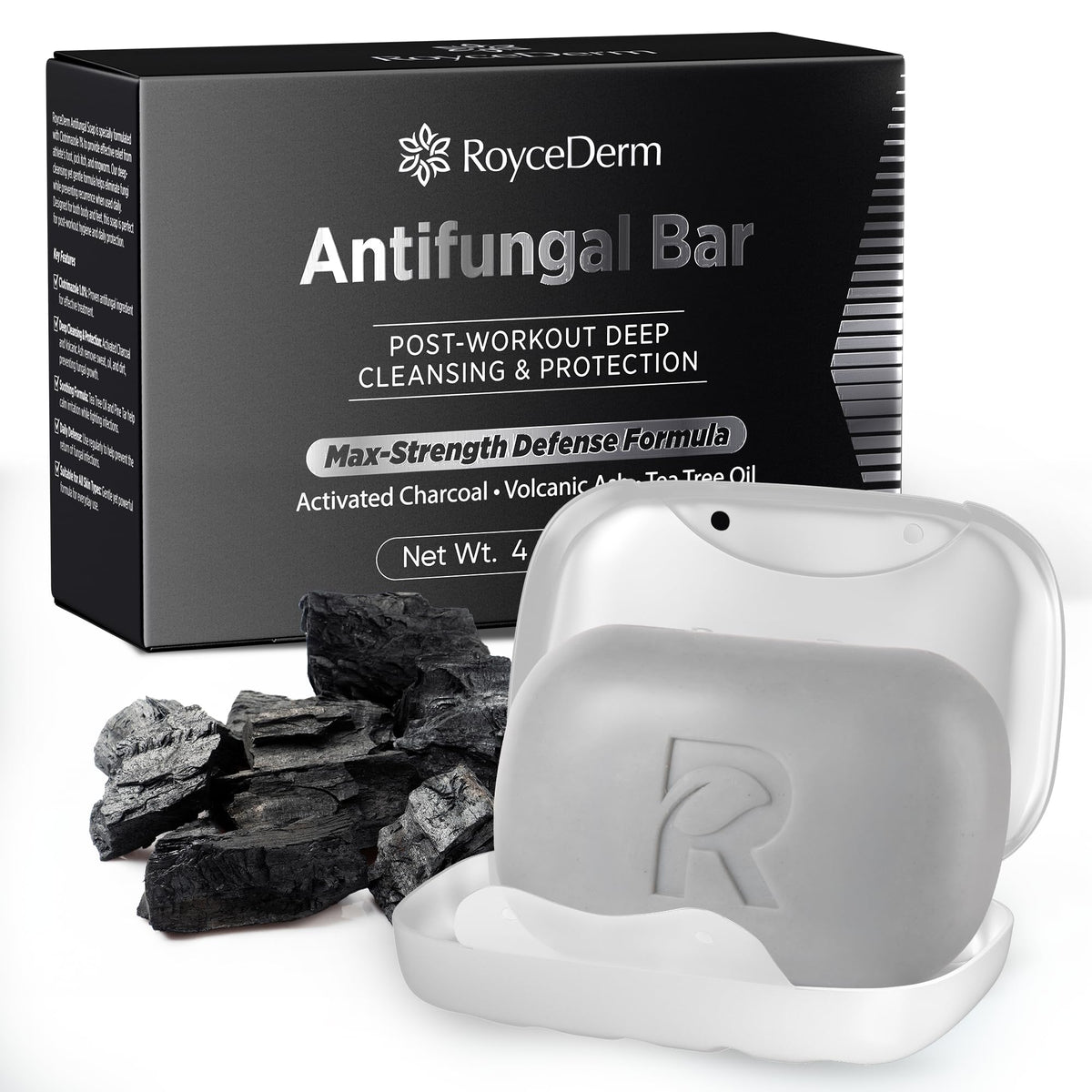 Roycederm antifungal soap bar front view for active use, promotes clean skin after workouts.