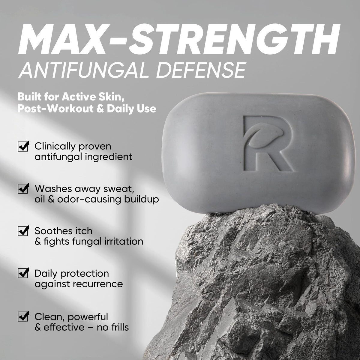 Roycederm antifungal soap bar packaging shot highlights portable defense for gyms.