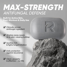 Roycederm antifungal soap bar packaging shot highlights portable defense for gyms.