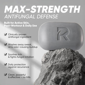 RoyceDerm Antifungal Soap highlighting charcoal and ash for deep cleansing.