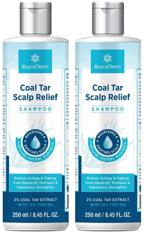 Roycederm coal tar shampoo bottle shows 2% coal tar for scalp relief.