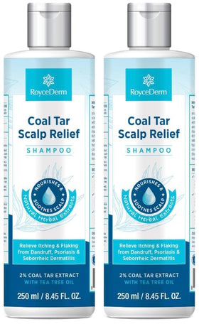 Roycederm coal tar shampoo bottle shows 2% coal tar for scalp relief.