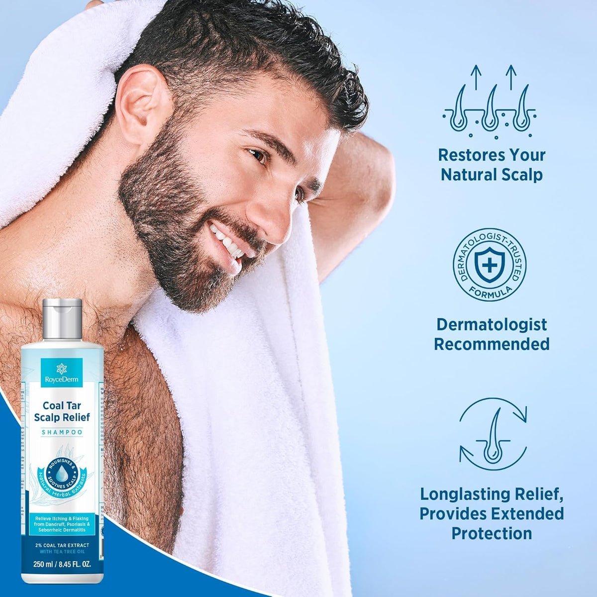 Roycederm coal tar shampoo after-use hair hydrated and shiny.