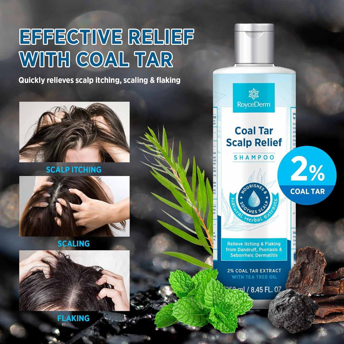 Roycederm ingredients with tea tree oil and herbs for soothing scalp.