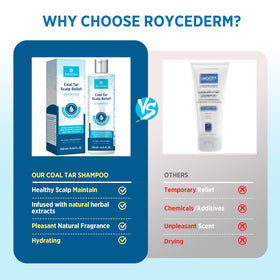 Roycederm label indicates dermatologist-informed formulation for scalp relief.