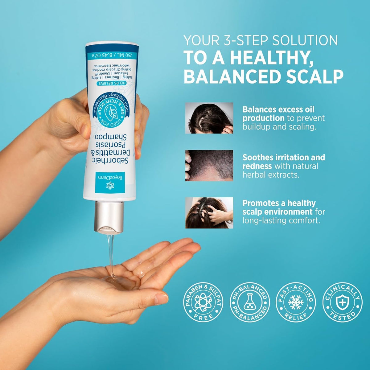 Roycederm conditioner application idea shows smoothing and refreshed hair after use.