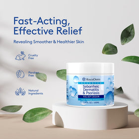 Roycederm cream tube closeup highlights precise scalp treatment for relief.