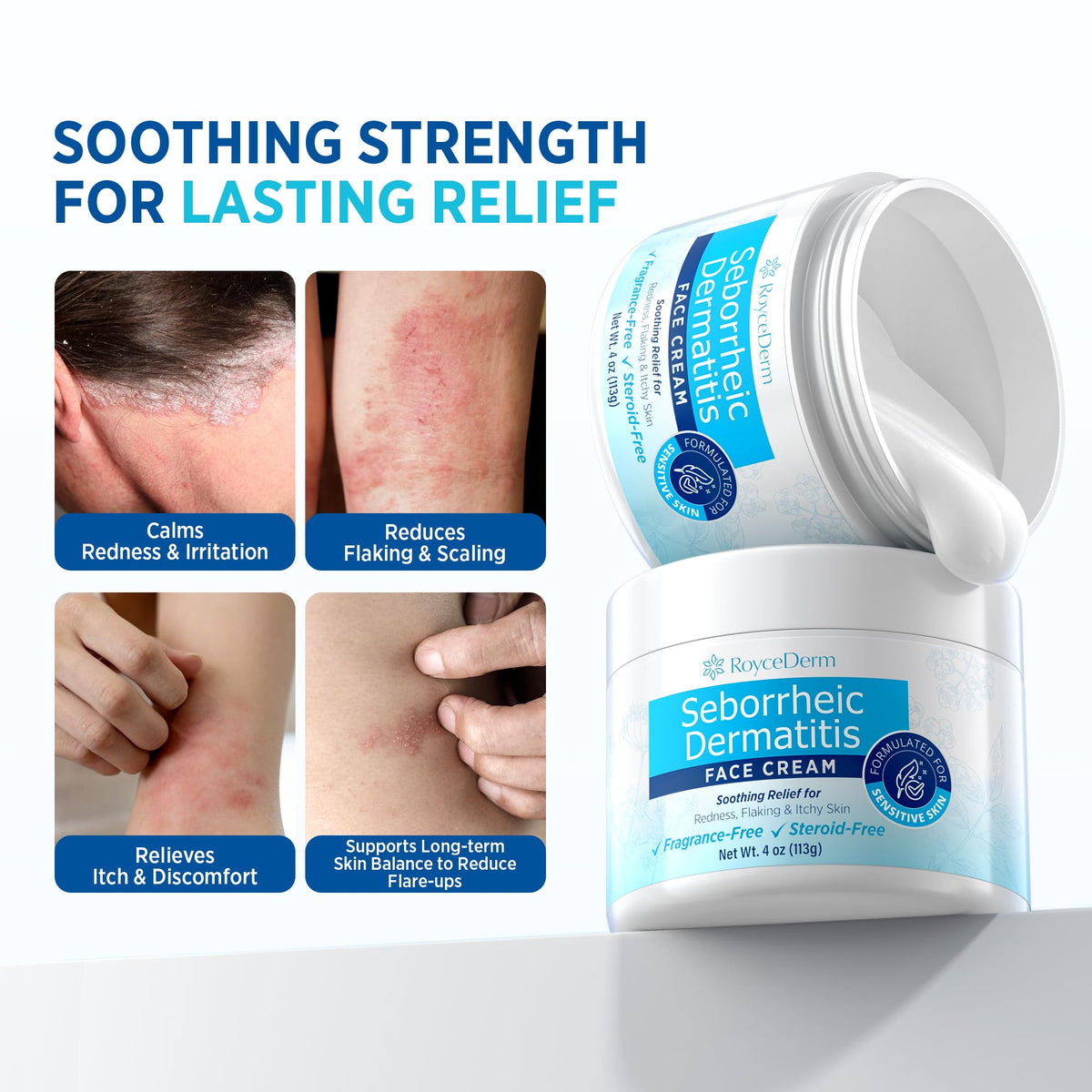 Roycederm face cream fragrance-free close-up highlighting smooth texture for sensitive skin.