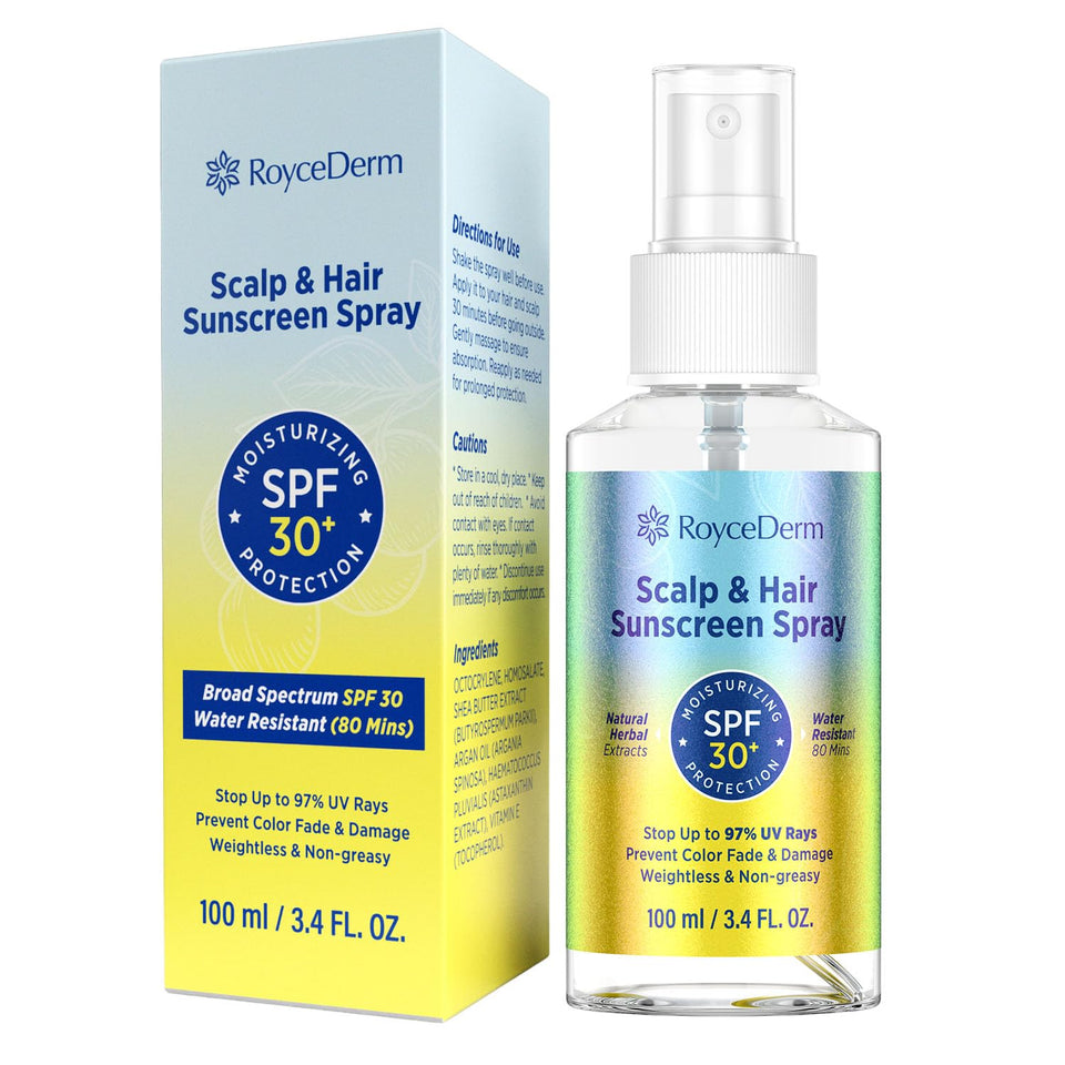 Roycederm hair and scalp sunscreen spray dual-chamber mist for even sun protection
