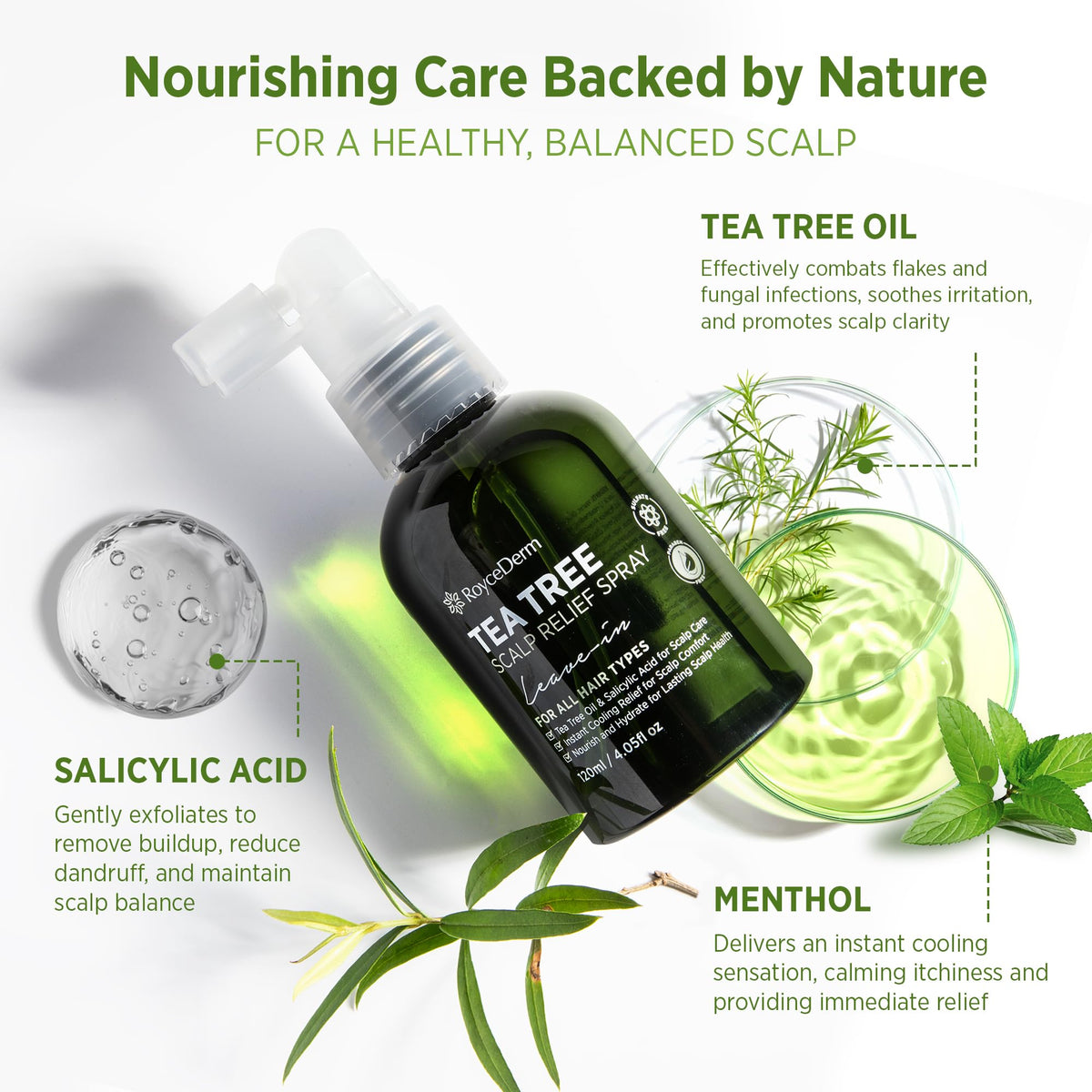 Roycederm Cooling spray provides instant relief without weighing hair down.