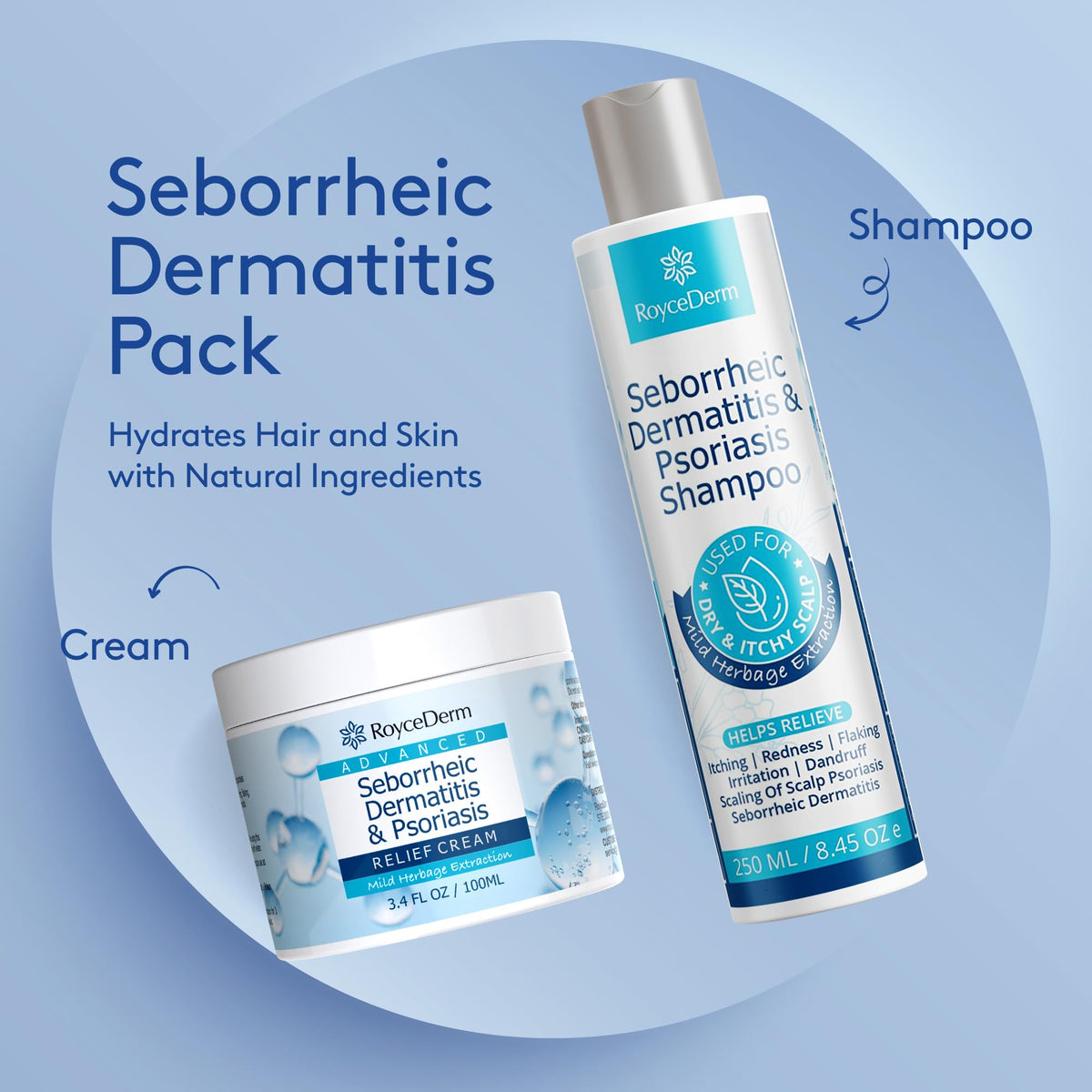Roycederm psoriasis cream tube provides targeted scalp comfort for irritated areas.