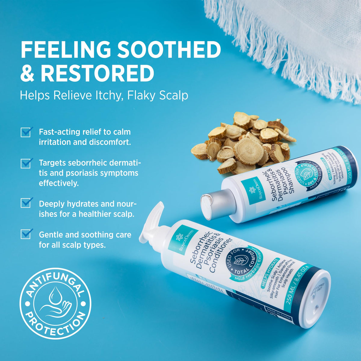 Roycederm scalp therapy kit packaging showcases a complete three-step routine.
