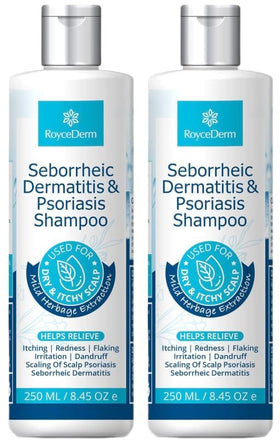 Roycederm Seborrheic Dermatitis & Psoriasis Shampoo bottle promotes daily scalp care and dandruff relief.