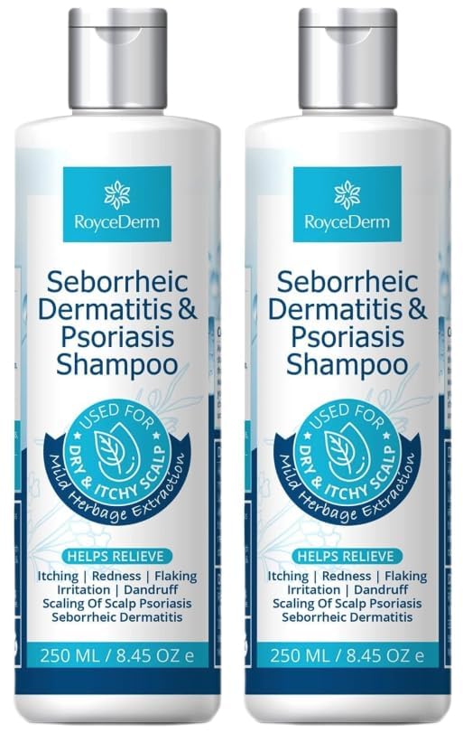 Roycederm Seborrheic Dermatitis & Psoriasis Shampoo bottle promotes daily scalp care and dandruff relief.