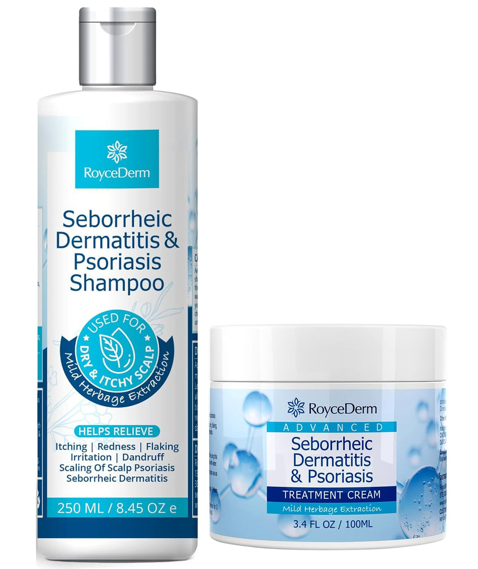Roycederm shampoo bottle for seborrheic relief, soothing itching and reducing flakes.