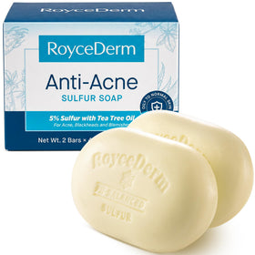 Roycederm sulfur soap bar with 5% volcanic sulfur for pore cleansing and clearer skin.