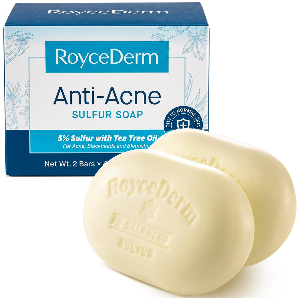 Roycederm sulfur soap bar with 5% volcanic sulfur for pore cleansing and clearer skin.