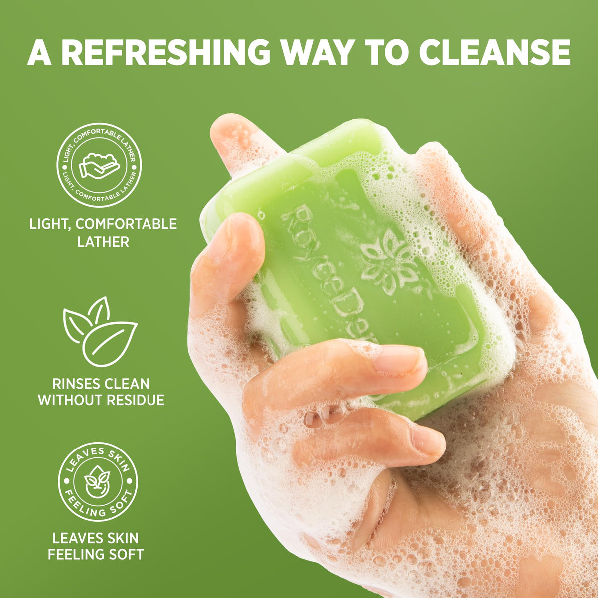 Roycederm Tea Tree Body Wash bottle with bar soap represents a cleansing set.