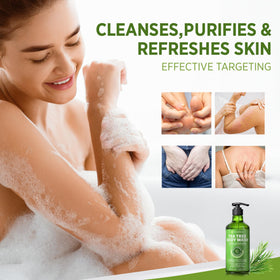 Roycederm Tea Tree Body Wash pour action suggests easy application.