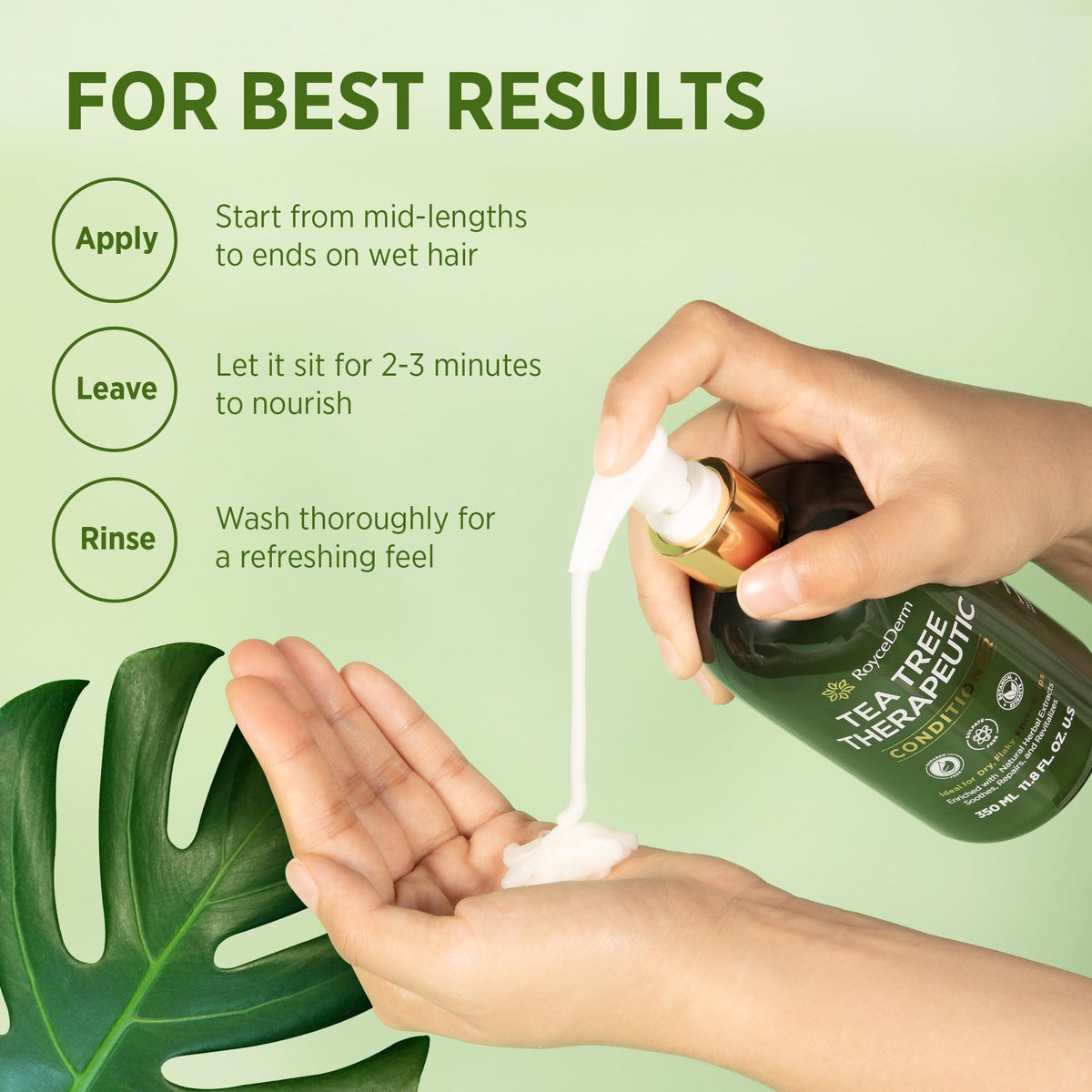 RoyceDerm Tea Tree Conditioner ingredients feature soothing aloe and camellia seed oils