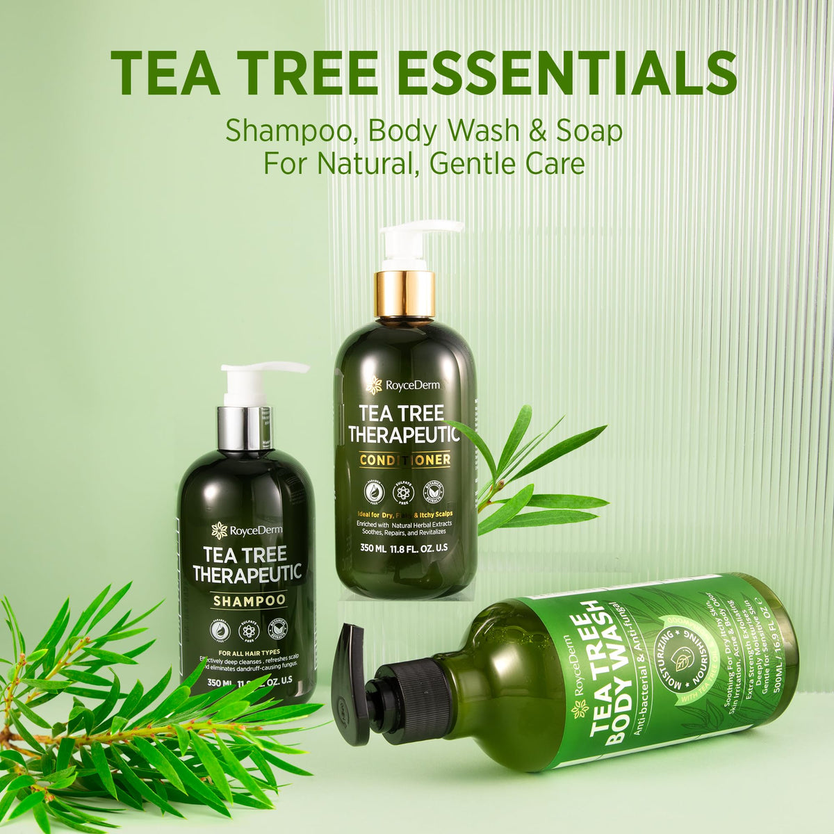 RoyceDerm Tea Tree Conditioner before-after close-up hints smoother manageability
