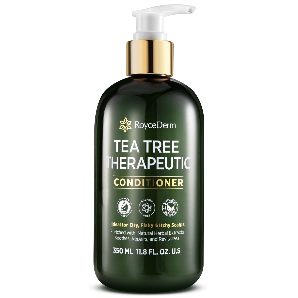 RoyceDerm Tea Tree Conditioner bottle highlights lightweight hydration for smooth, manageable hair