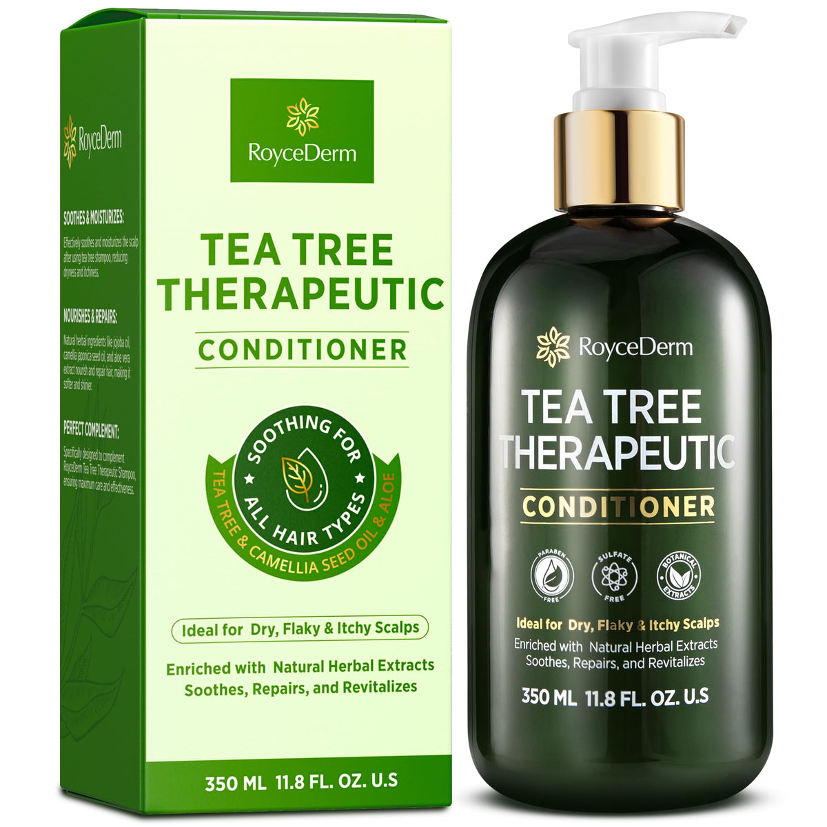 RoyceDerm Tea Tree Conditioner label emphasizes paraben-free and sulfate-free formula