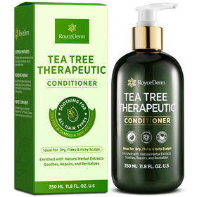 RoyceDerm Tea Tree Conditioner label emphasizes paraben-free and sulfate-free formula