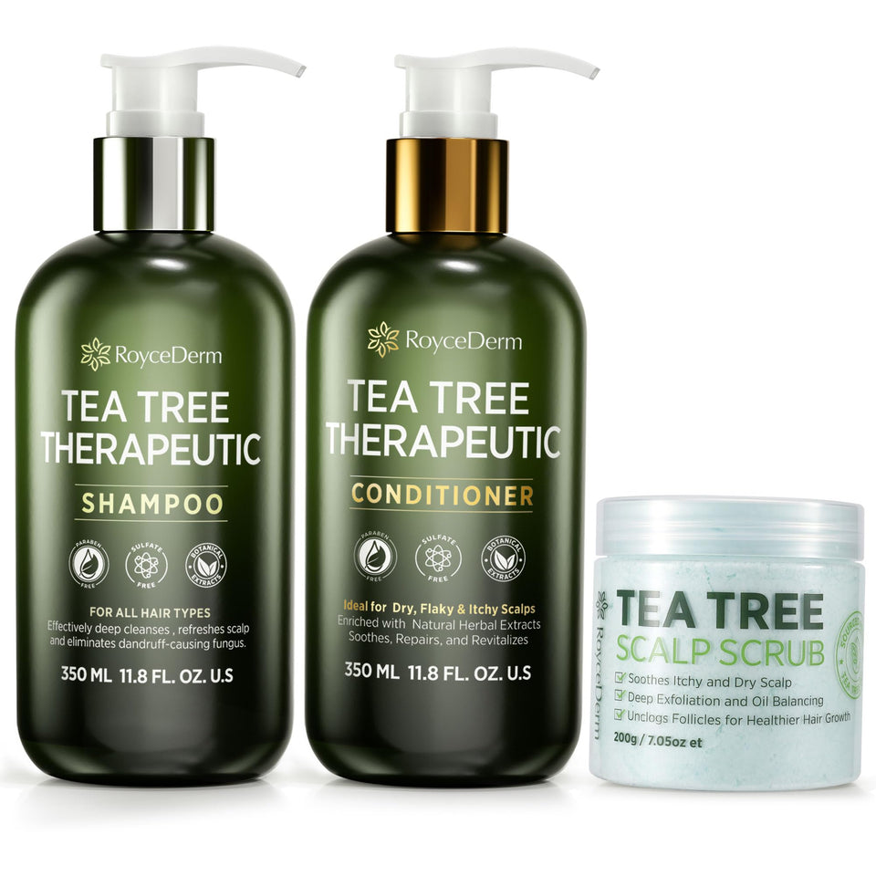 Roycederm tea tree pre-shampoo scrub for exfoliation and scalp soothing