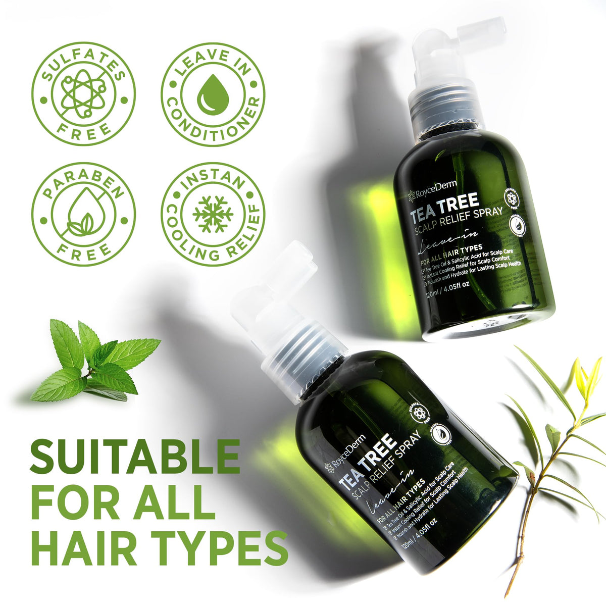 Roycederm Tea tree relief spray helps maintain moisture and balance.