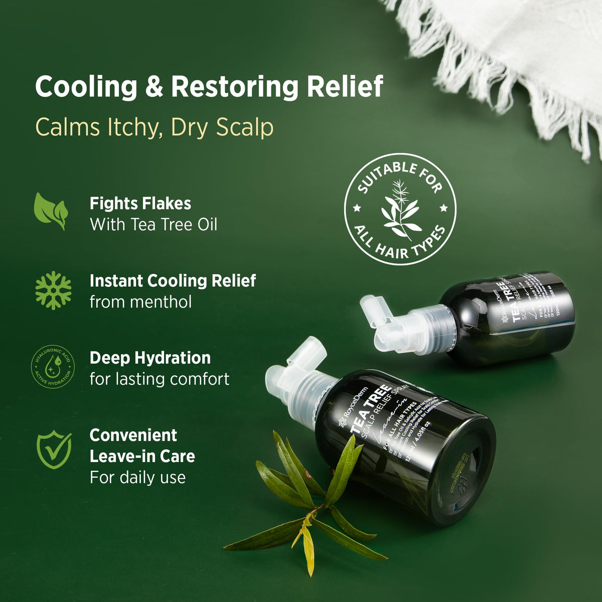Roycederm Tea Tree oil application demonstrates soothing scalp balance.